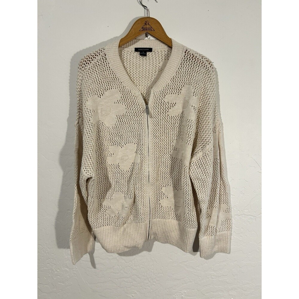 Sanctuary Women’s Boho Flower Zip up Knitted Cardigan Sweater in Oat size‎ XL